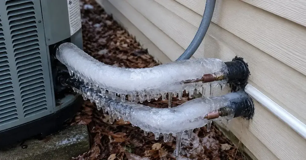 Ice forming on AC refrigerant lines outside a Jonesboro home